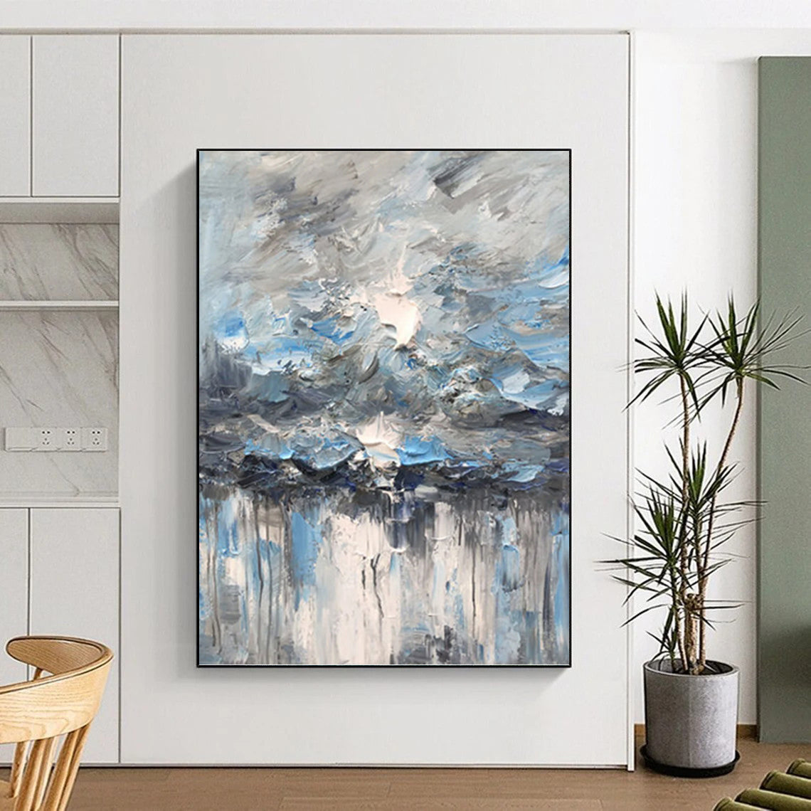 Blue - Gray Sky and Water Drip - Abstract Impasto Painting On Canvas DKH1291