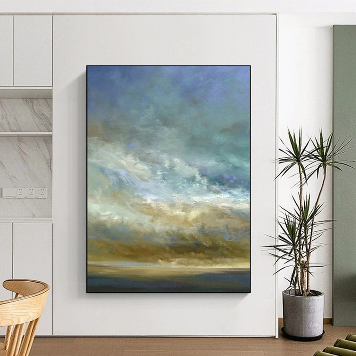 “Sky & Sea in Soft Hues” - Blue, Beige & White Impressionistic Painting On Canvas DKH0953