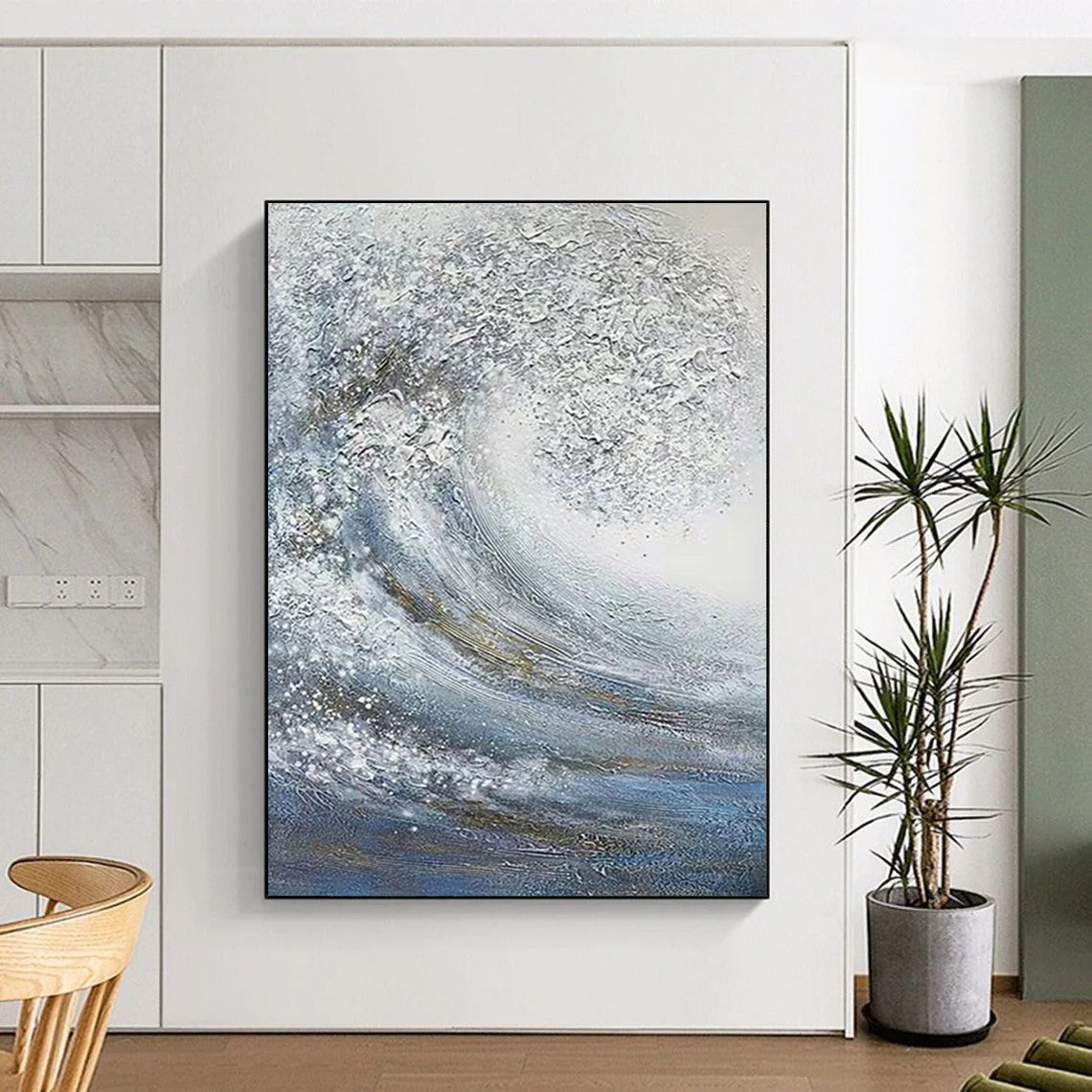 “Blue, White, Gold Swirling Wave ‘Celestial Sea’” - Impasto Sea & Gold Painting On Canvas DTP337