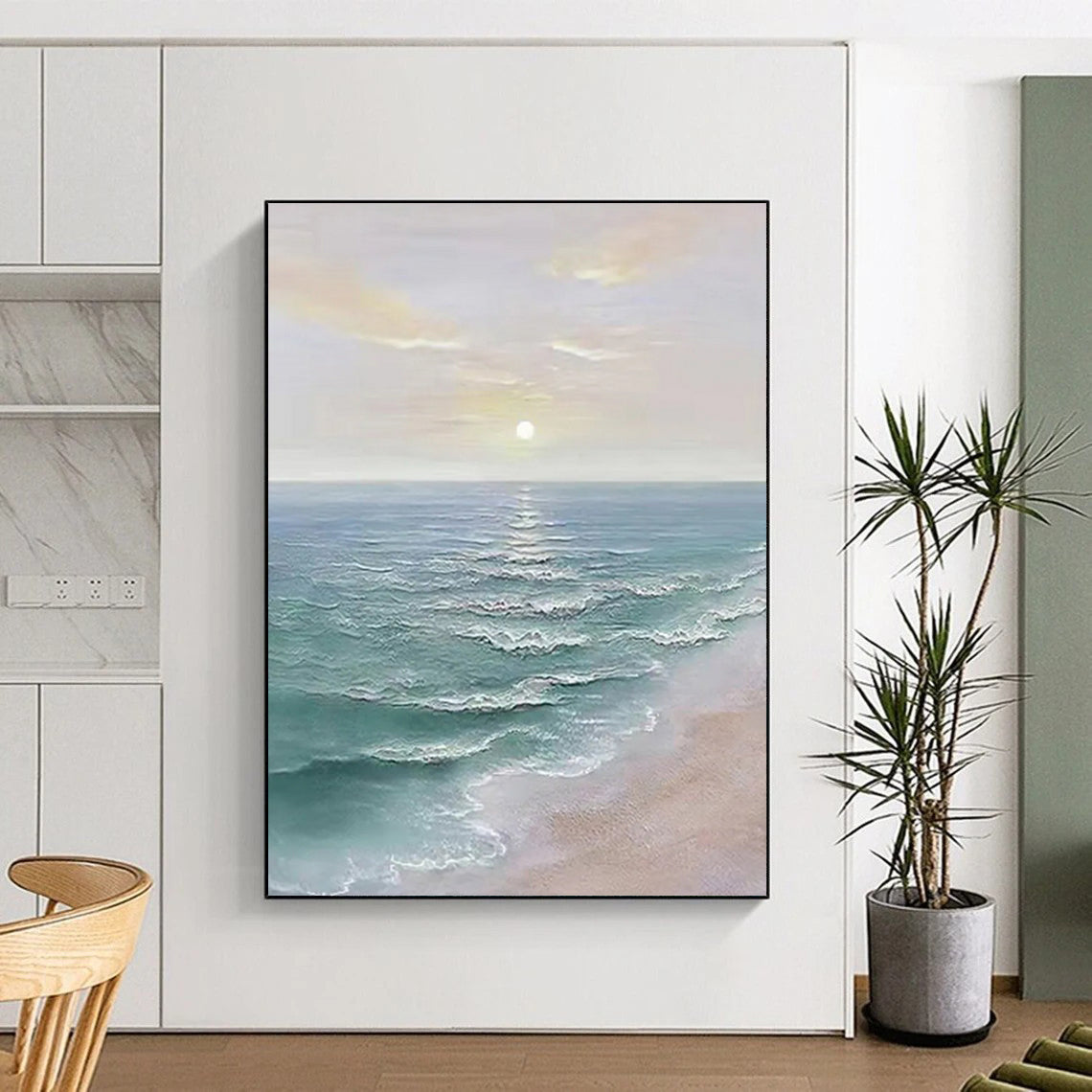 “Pastel, Blue, White Sunset Sea ‘Dreamy Dusk’” - Impasto Seaside Sunset Painting On Canvas DTP350