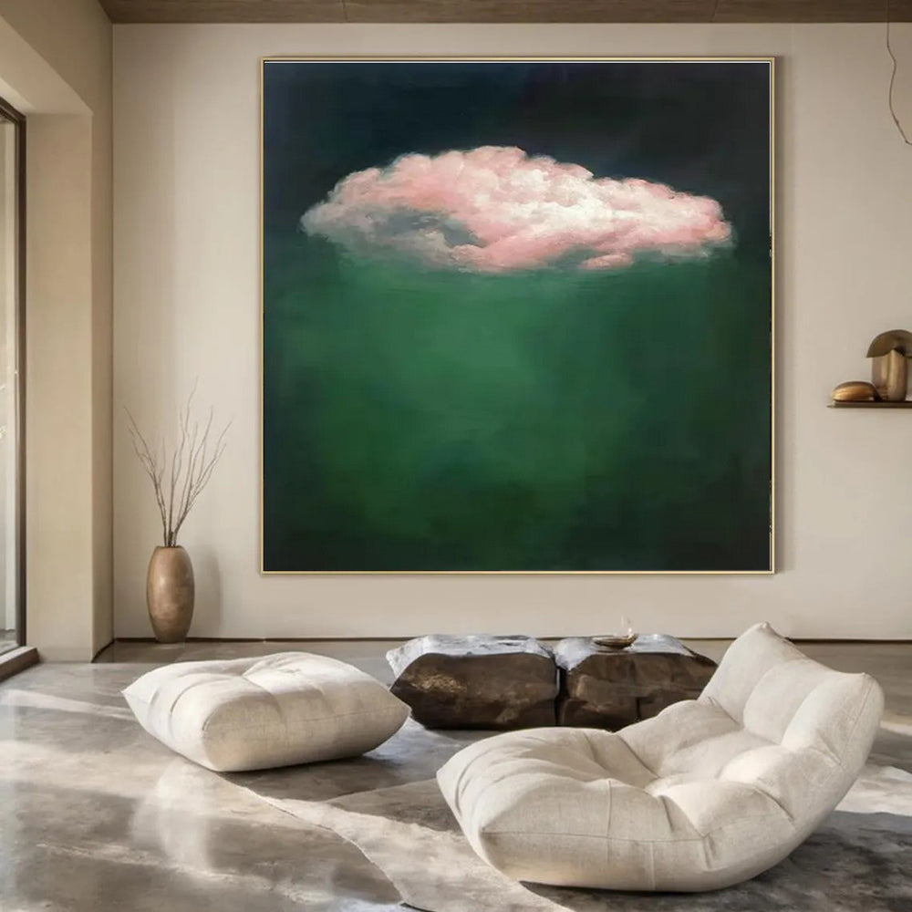 Pink Cloud, Deep Green Background - "Floating Fantasy" - Surrealist Oil Painting CT1442