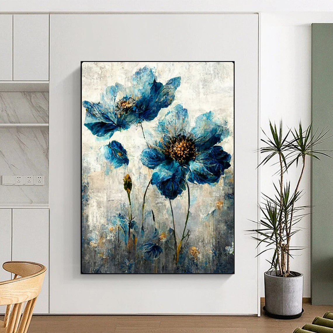 “Textured Blue Flowers” – Impasto Floral Oil Painting On Canvas CT2169