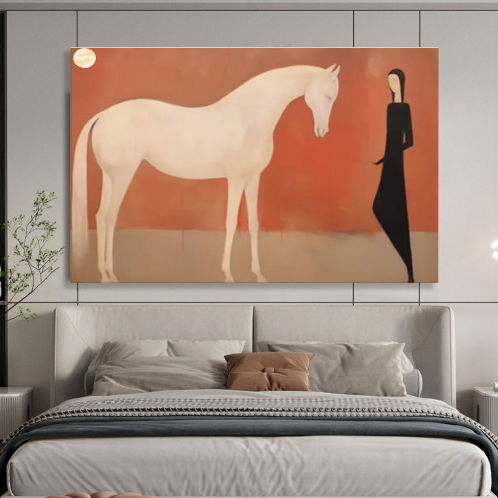 “Moonlit Companions” - White, Black, Red Figurative Oil Painting On Canvas DKH730