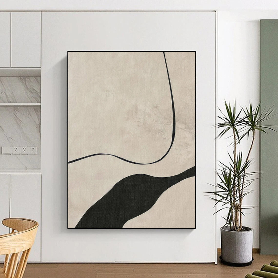 Beige & Black Curves - Minimalist Flow Painting On Canvas DKH1148
