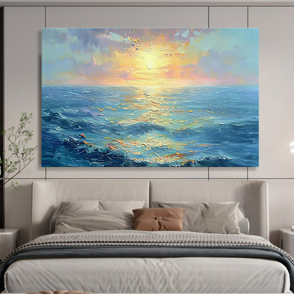 “Sunset Sea Sparkle” - Blue, Orange, Yellow Impressionistic Seascape Painting On Canvas DKH760