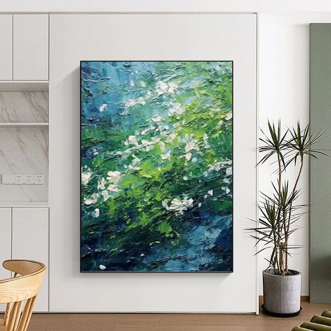 Green and Blue Floral Stream - Impasto Landscape Painting On Canvas DKH1404