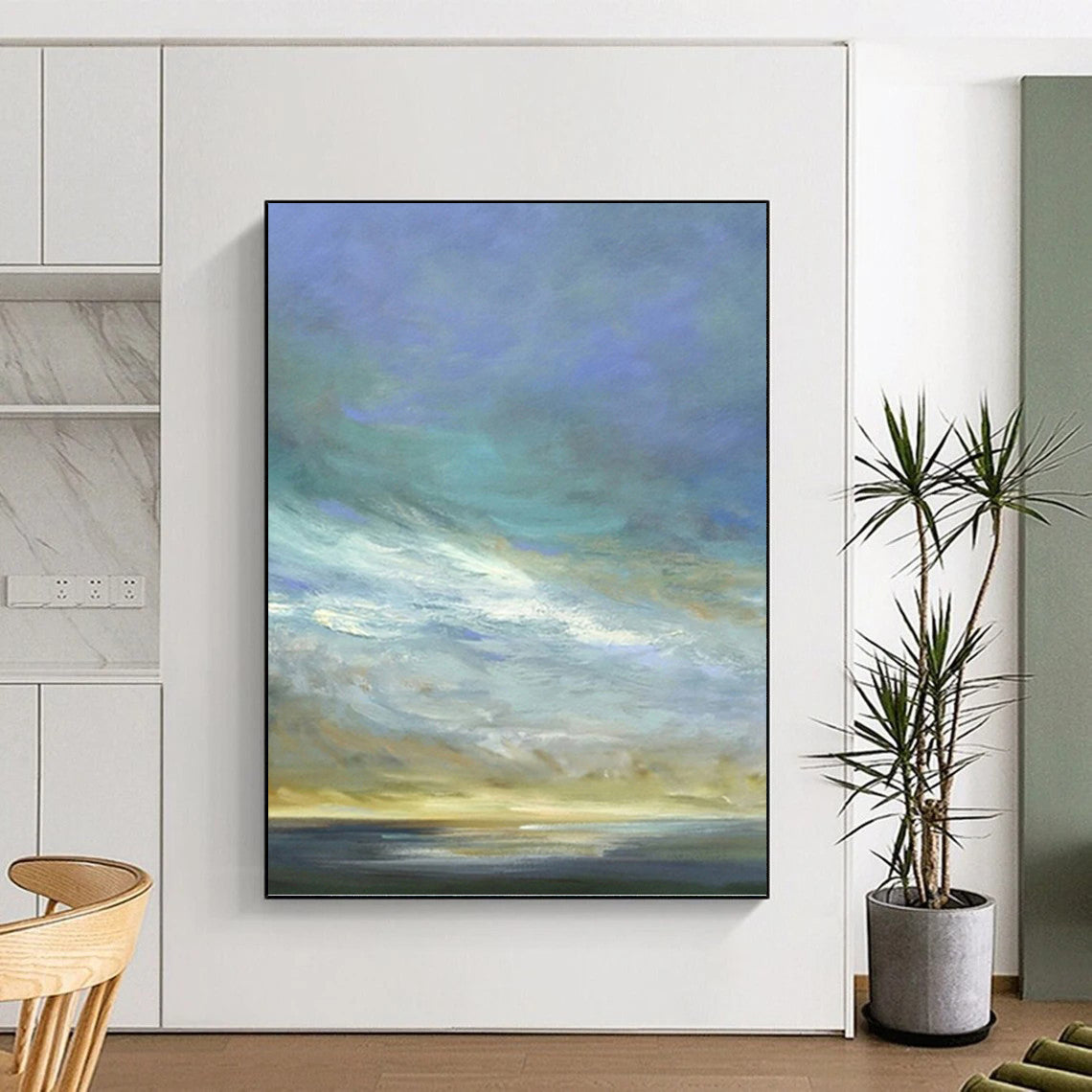 “Sky & Sea in Lighter Hues” - Blue, Beige & White Impressionistic Painting On Canvas DKH0954