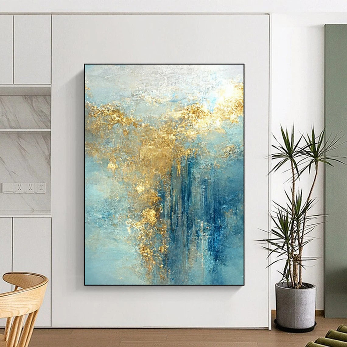 “Azure - Gold Abstract Cascade” - Abstract Expressionist Painting On Canvas DTP063