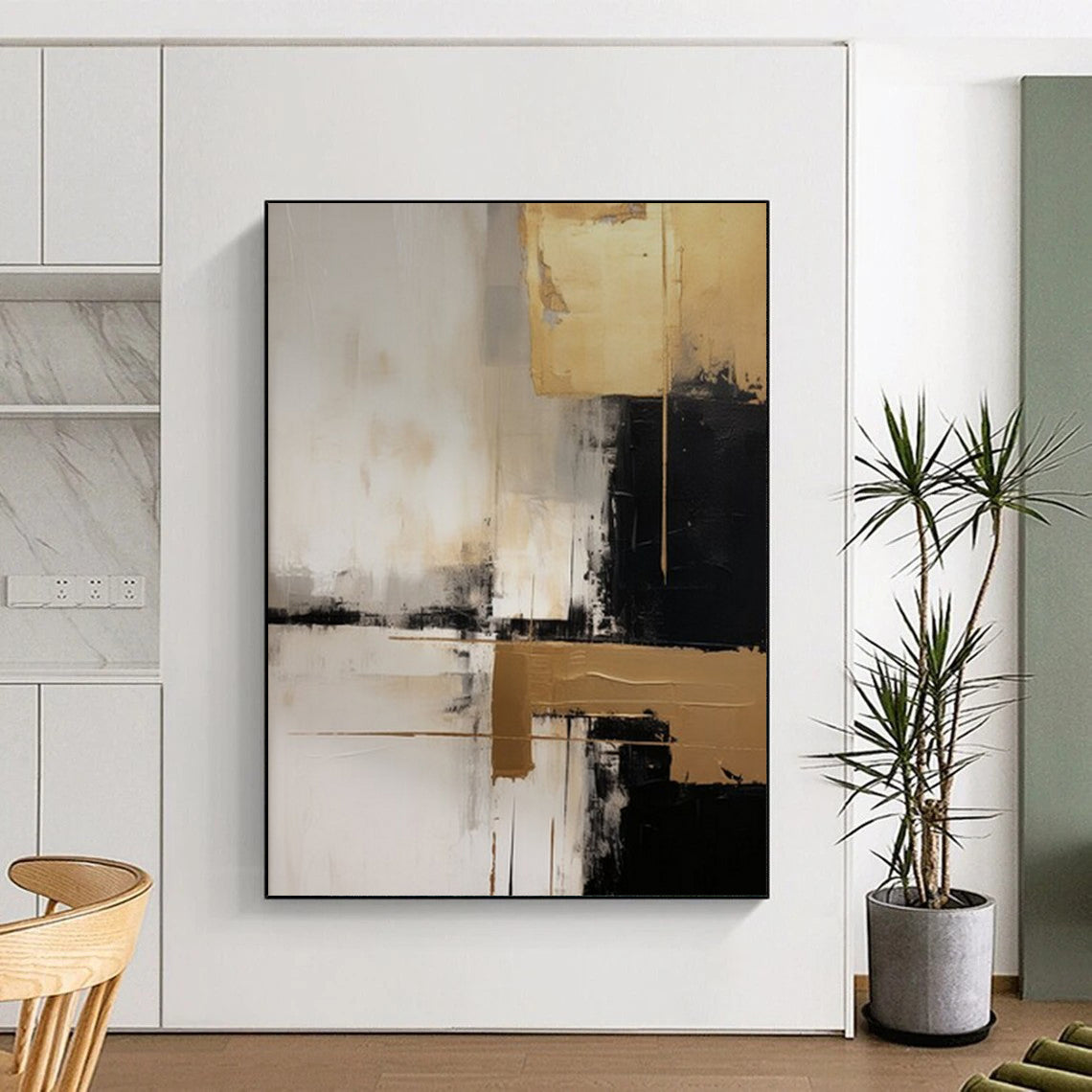 “Gold & Black Abstraction” - Metallic Abstract Painting On Canvas CT2251