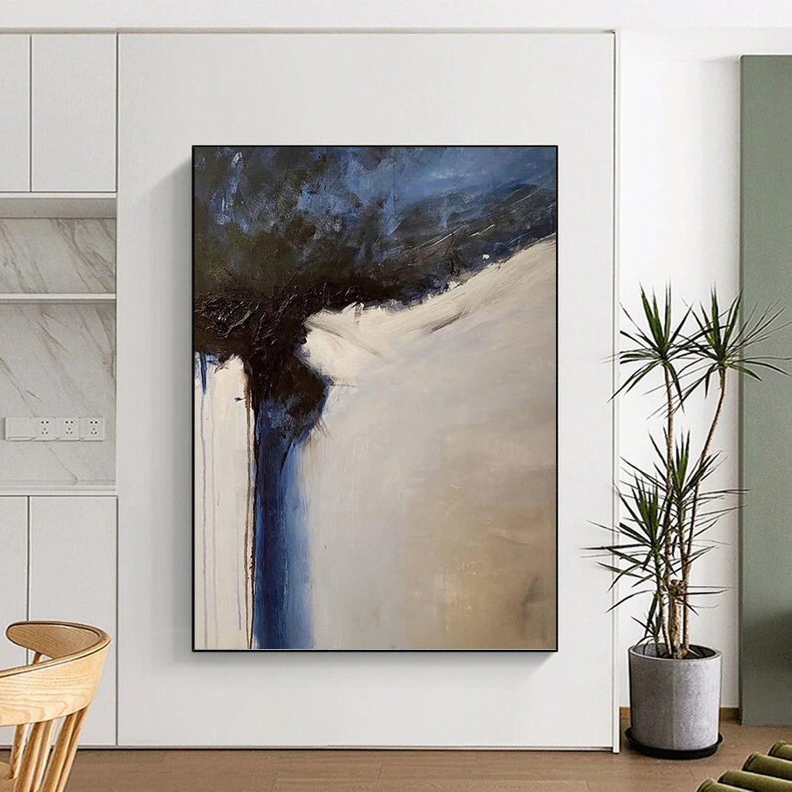 Blue, Black, and White Abstract Composition - Abstract Painting On Canvas DKH1499