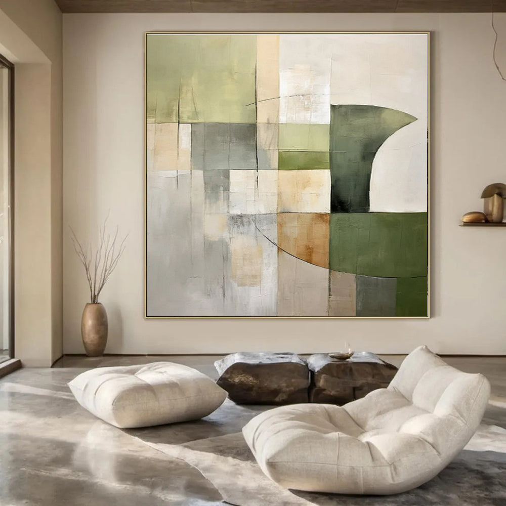 Earthy Greens, Neutrals, Geometric Shapes - "Nature’s Geometry" - Abstract Acrylic Painting CT1458