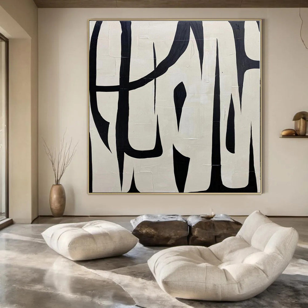 “Black - White Bold Linear Forms” – Graphic Abstract Painting CT1133