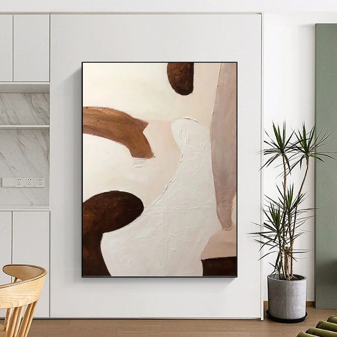 “Soft Form Fusion” - Beige & Brown Organic Shapes Painting On Canvas DKH1164