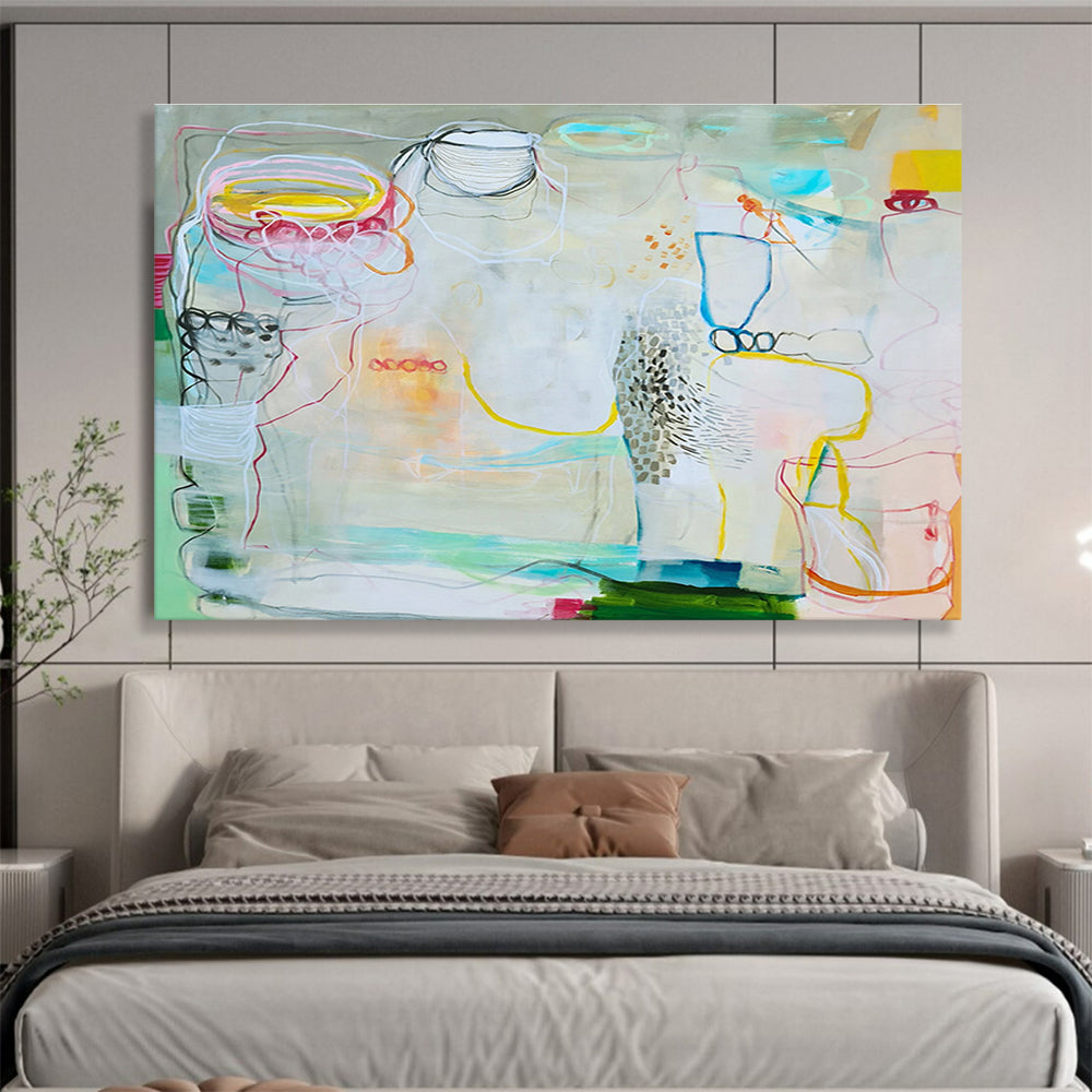Mixed - Color Abstract with Linear Elements “Whimsical Line Play” Painting On Canvas DKH071