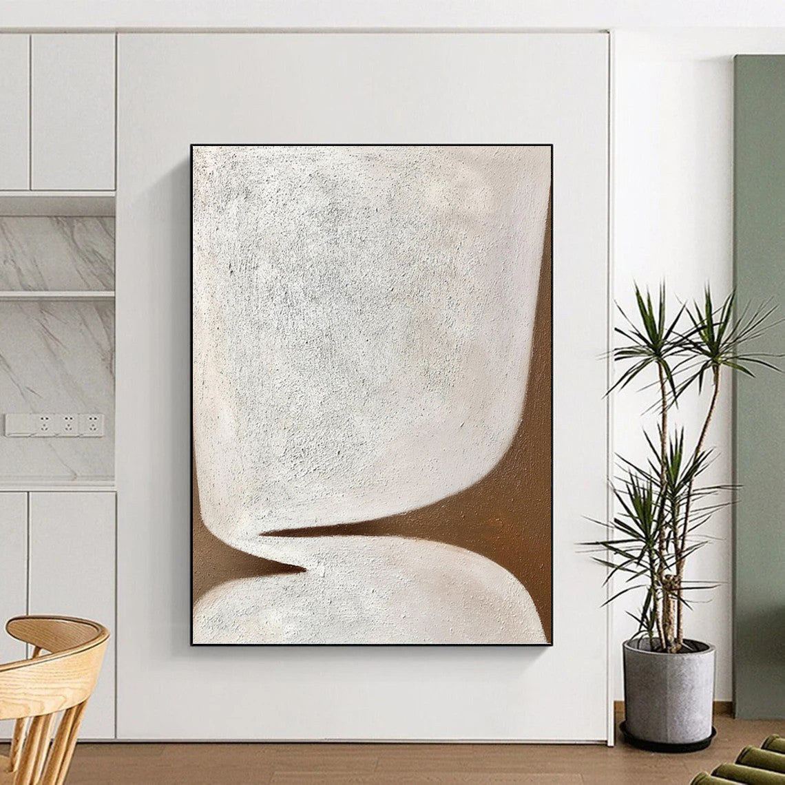 “Minimalist Shapes” - White & Brown Textured Abstract Painting On Canvas DKH1179