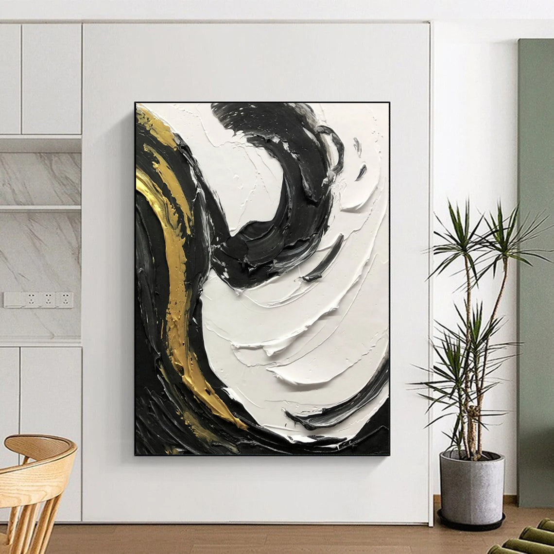 “Black, White, Gold Swirl ‘Elegant Dynamism’” - Impasto Abstract Painting On Canvas DTP381