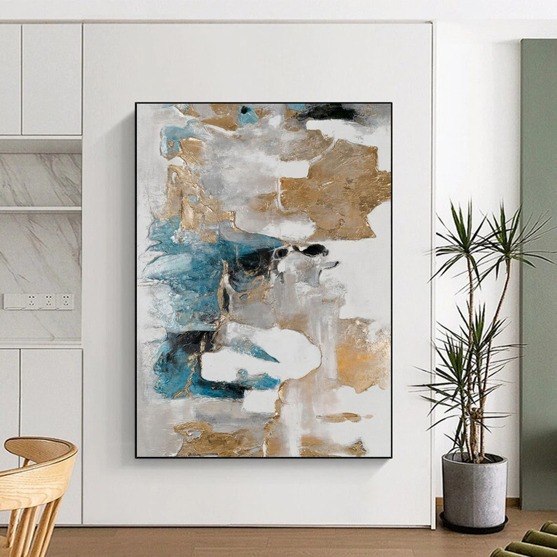“Gold & Blue Abstraction” - Metallic Abstract Painting On Canvas CT2245