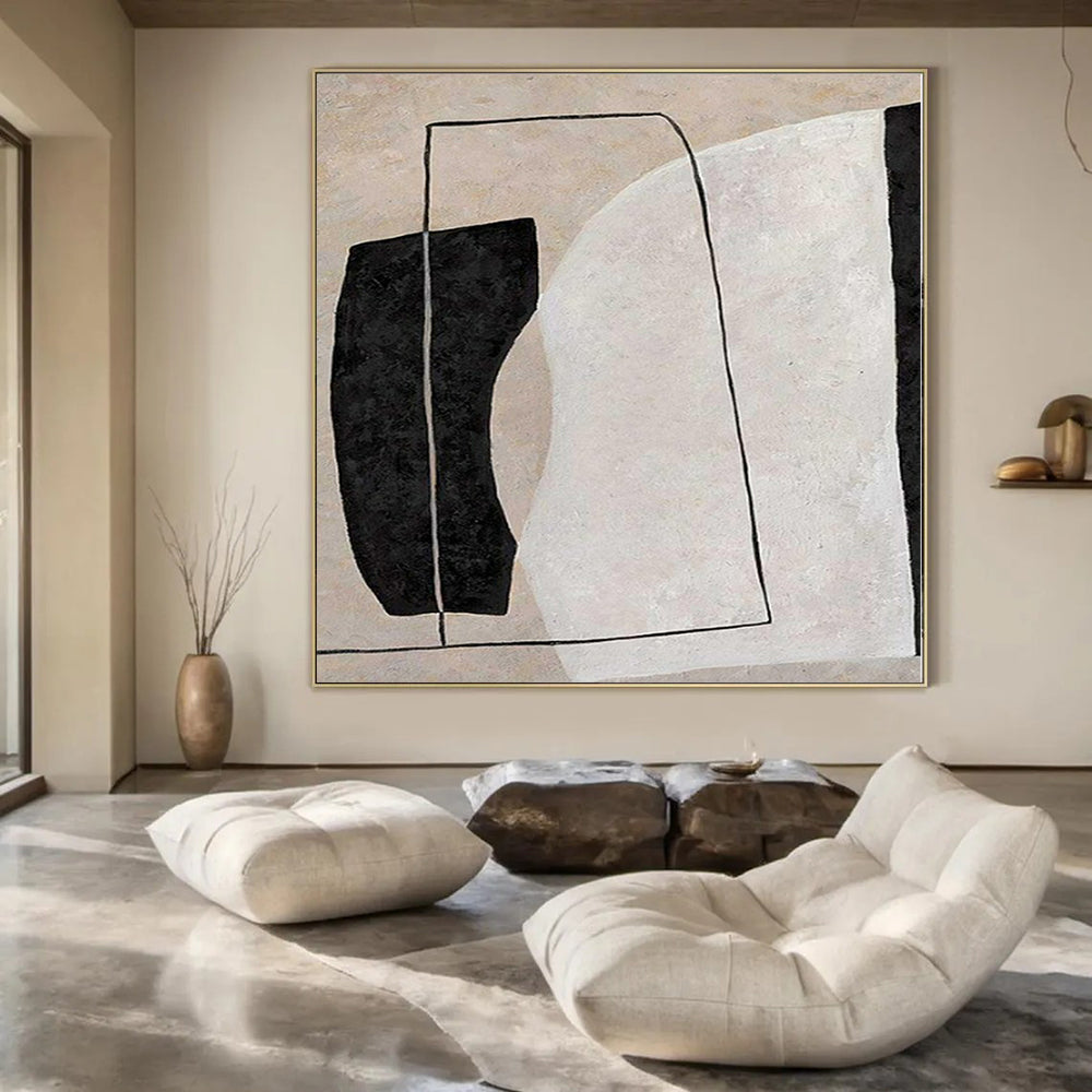 “Beige, Black, and White Geometric Composition” – Minimalist Geometric Painting(Variation) CT1123