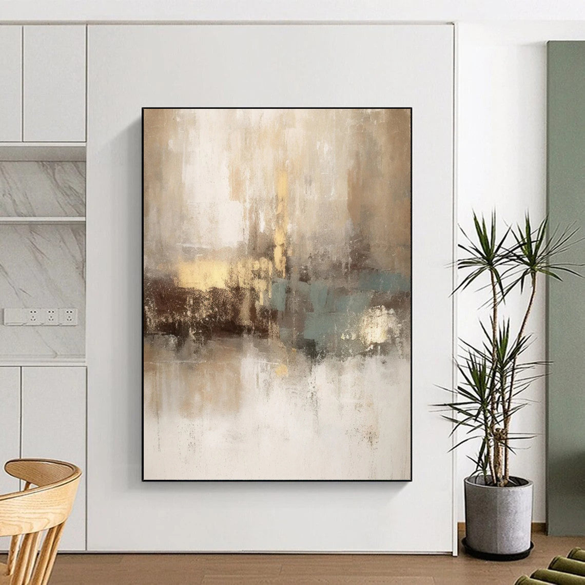“Beige - Gold - Teal Abstract” - Abstract Expressionist Painting On Canvas DTP068