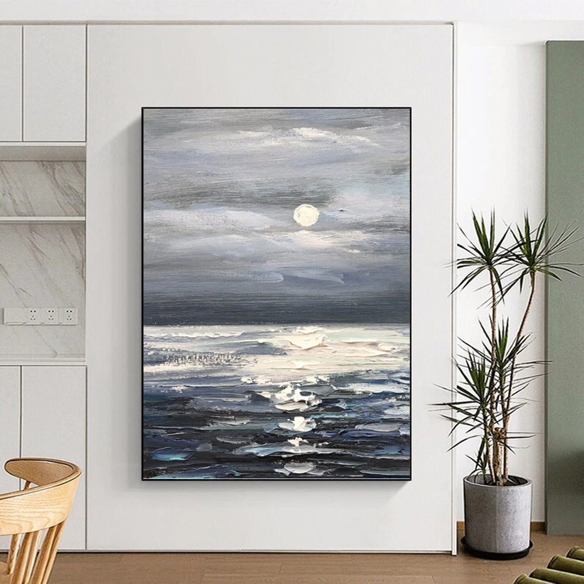 Moonlit Ocean in Gray and Blue - Impressionistic Seascape Painting On Canvas DKH1293