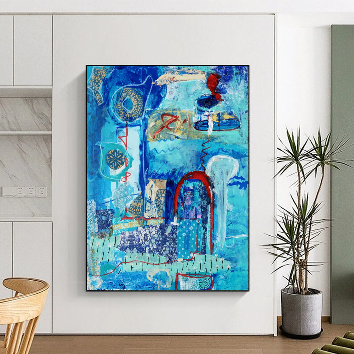 “Blue - Themed Abstract Collage” - Blue, Red, Gold Intricate Forms Painting On Canvas DTP296