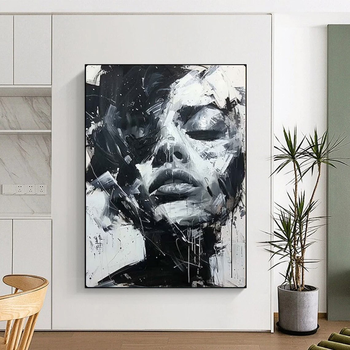 “Dynamic Black - and - White Abstract Face” – Expressive Impasto Portrait Painting On Canvas CT2139
