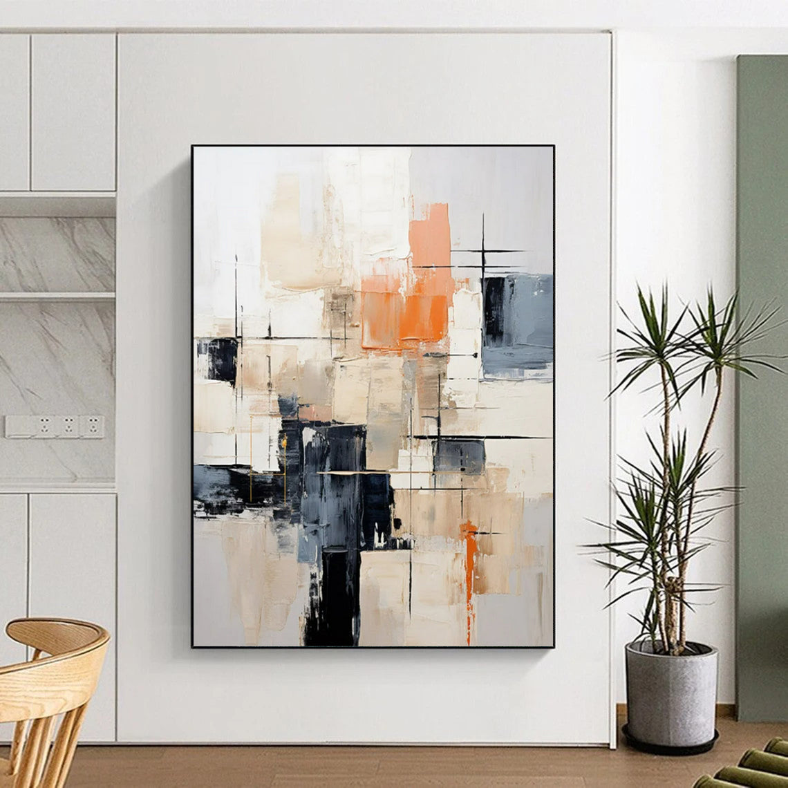 Beige, Orange & Black Abstract - Textured Abstract Painting On Canvas CT2261