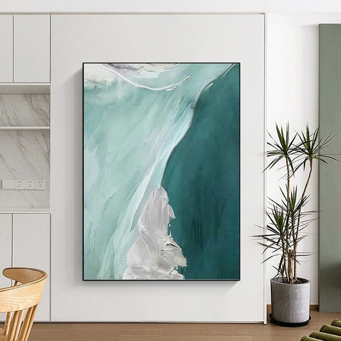 Teal & White Flow - Abstract Seascape Painting On Canvas DKH1236