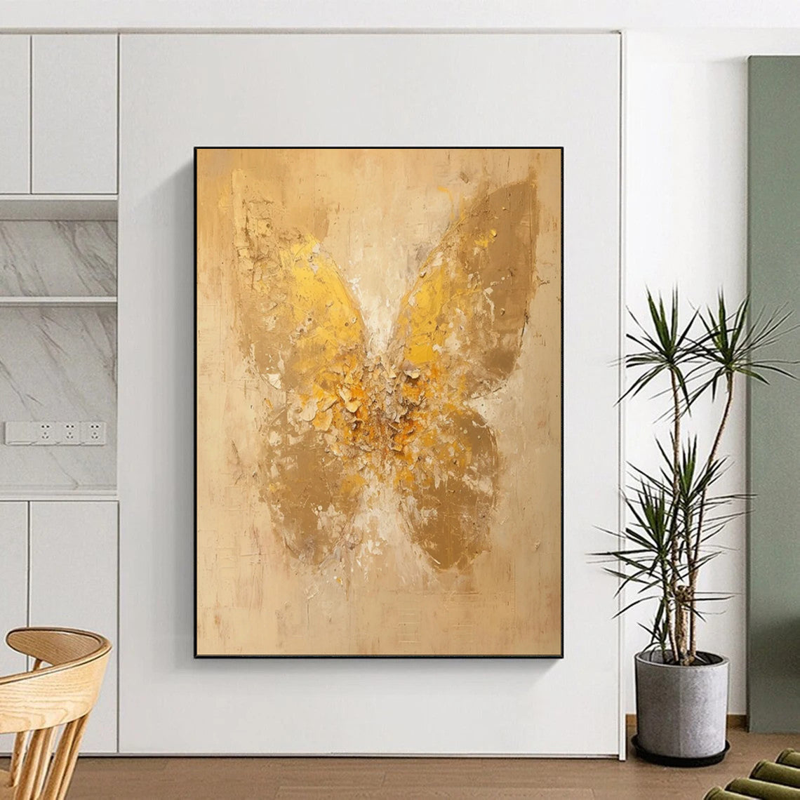 “Textured Gold Butterfly: Abstract Nature Art” - Mixed - Media Impasto on Canvas CT1899