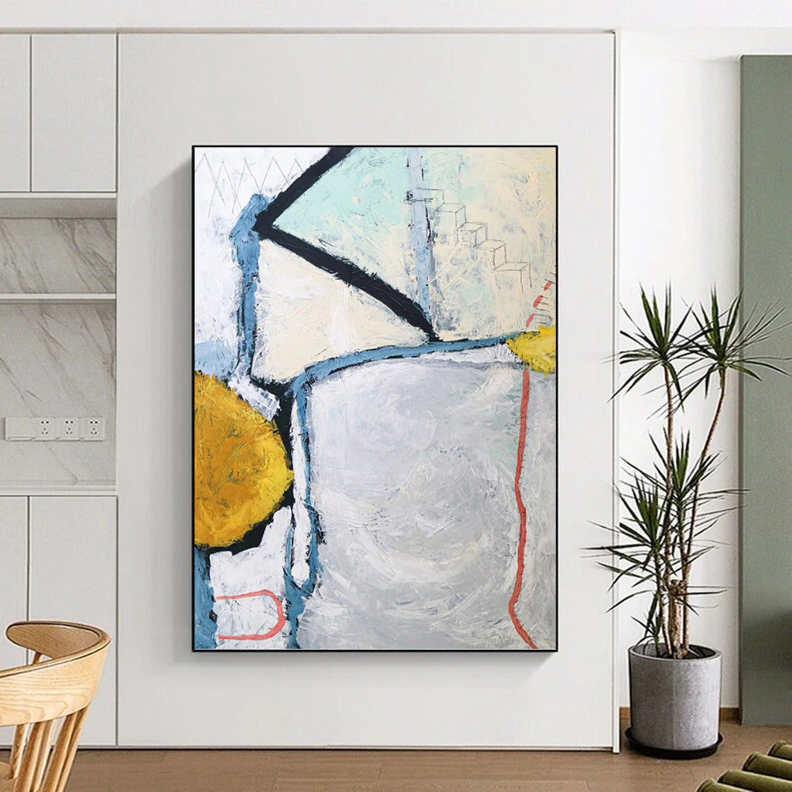 “Gray - Toned Abstract with Blue, Yellow, and Red Accents” - Dynamic Abstract Painting On Canvas DKH1105