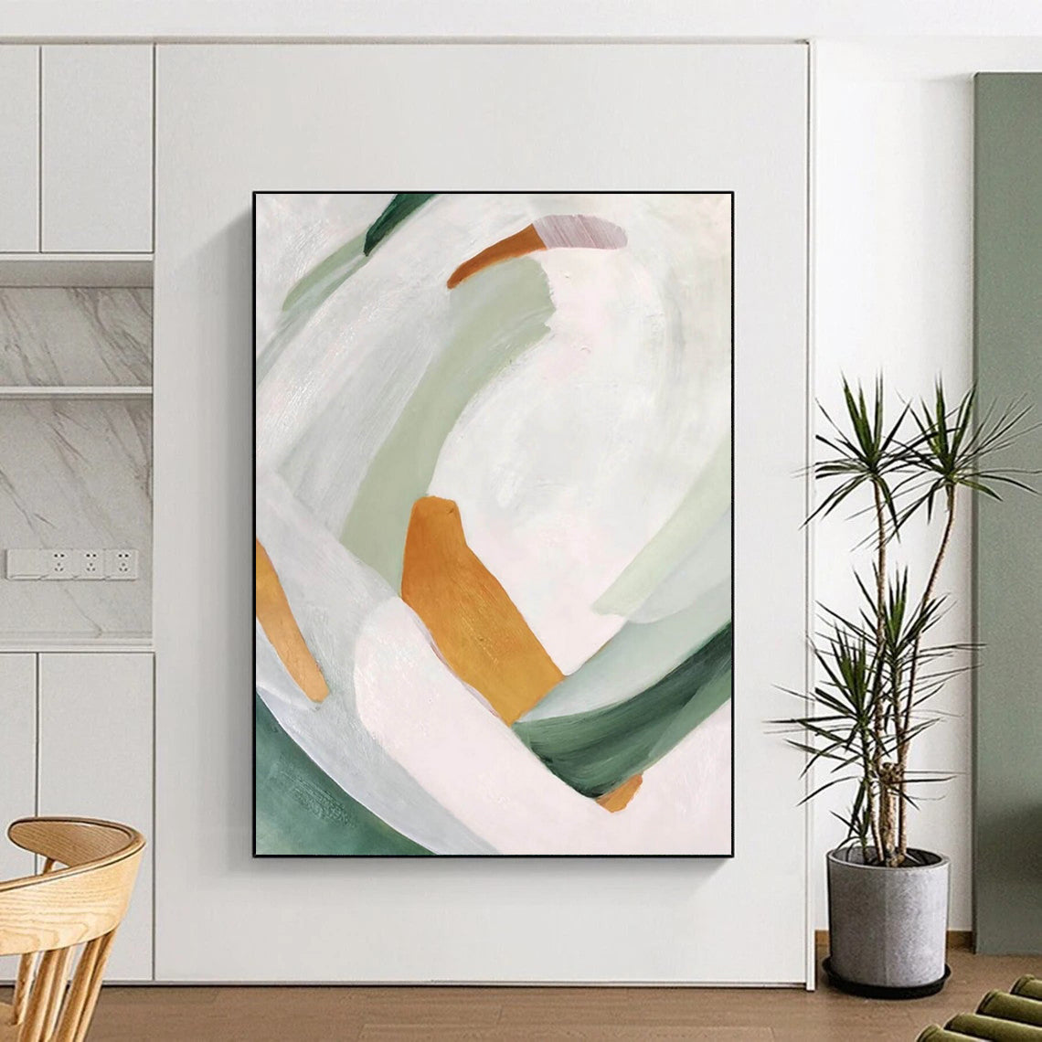 “Soft Color Block Abstraction” - White, Green, Orange Abstract Painting On Canvas DTP257