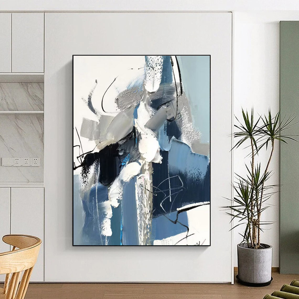Blue, Gray & White Dynamic Shapes, “Urban Pulse” - Impasto Abstract Painting CT0771