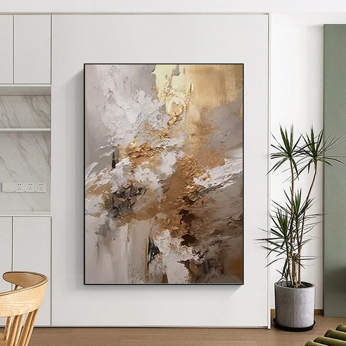 Gold & White Textured Blend - Abstract Impasto Painting On Canvas DKH1246