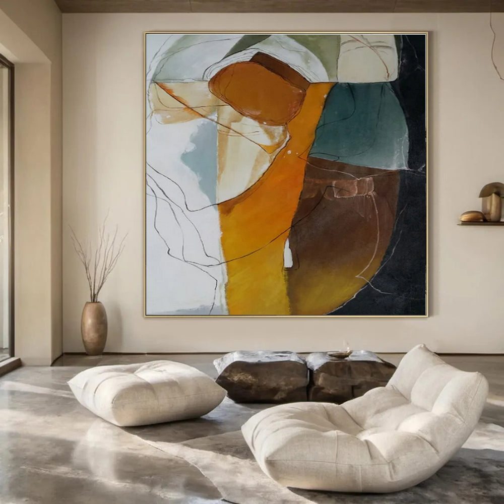 Earth Tones, Abstracted Forms & Lines - "Organic Abstraction" - Mixed - media Abstract Painting CT1457