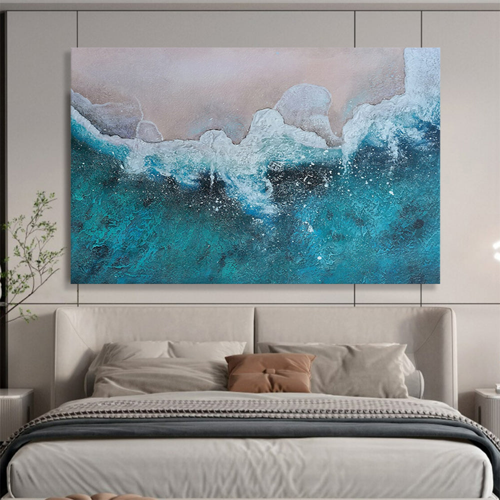 “Blue, White, Textured Shoreline ‘Aerial Beach View’” - Textured Seascape Painting On Canvas DLZ040