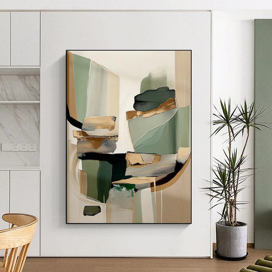 Green, Beige & Gold Geometric Forms, “Elegant Abstraction” - Mixed - Media Abstract Painting CT0764