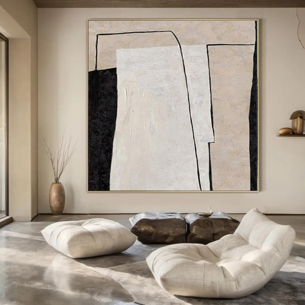 “Black - White - Beige Geometric Overlap” – Geometric Abstract Painting CT1136