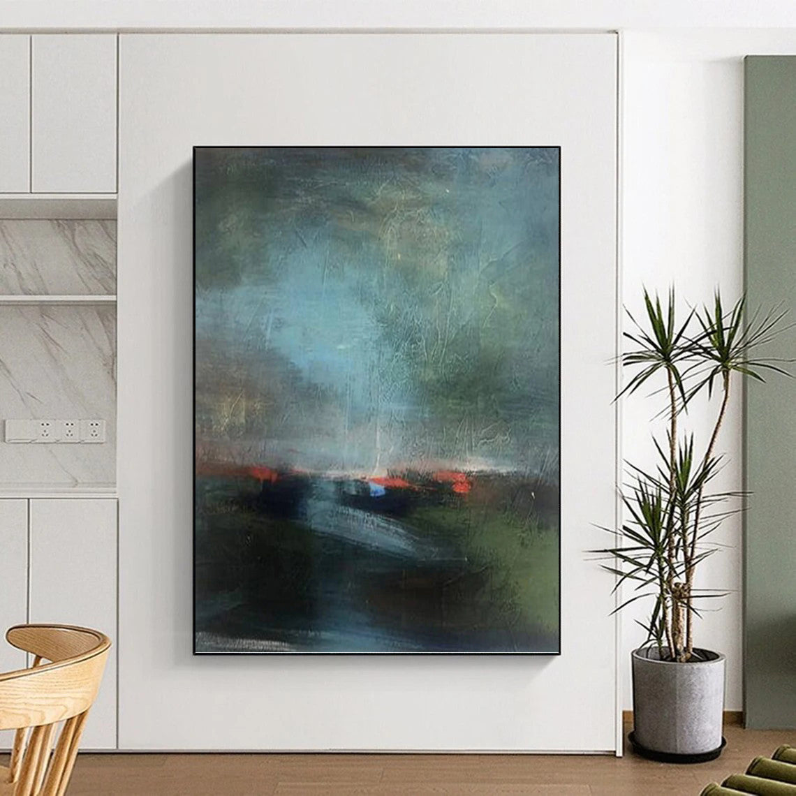 Misty Landscape in Muted Greens and Blues - Abstract Landscape Painting On Canvas DKH1408
