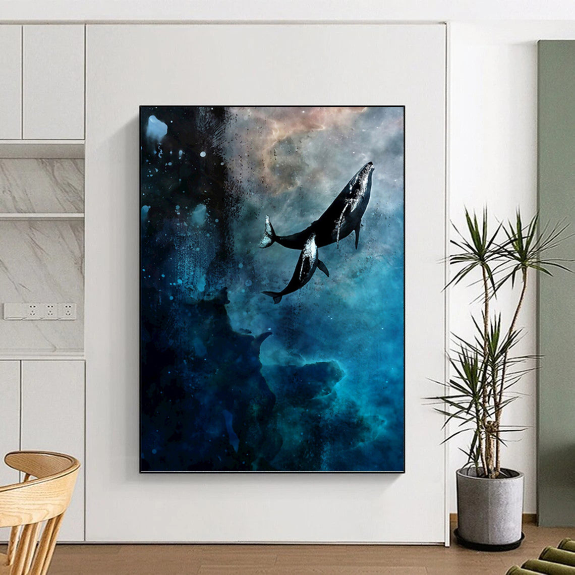 “Cosmic Whale Odyssey” - Blue, Black & White Surrealist - Inspired Painting On Canvas DKH0933