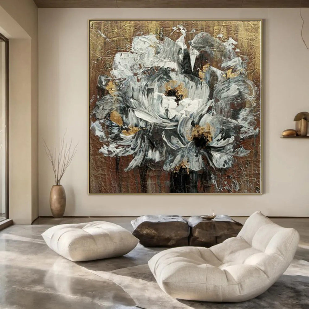 “Textured Floral in Gold - Brown” – Impasto Flower Painting CT1194