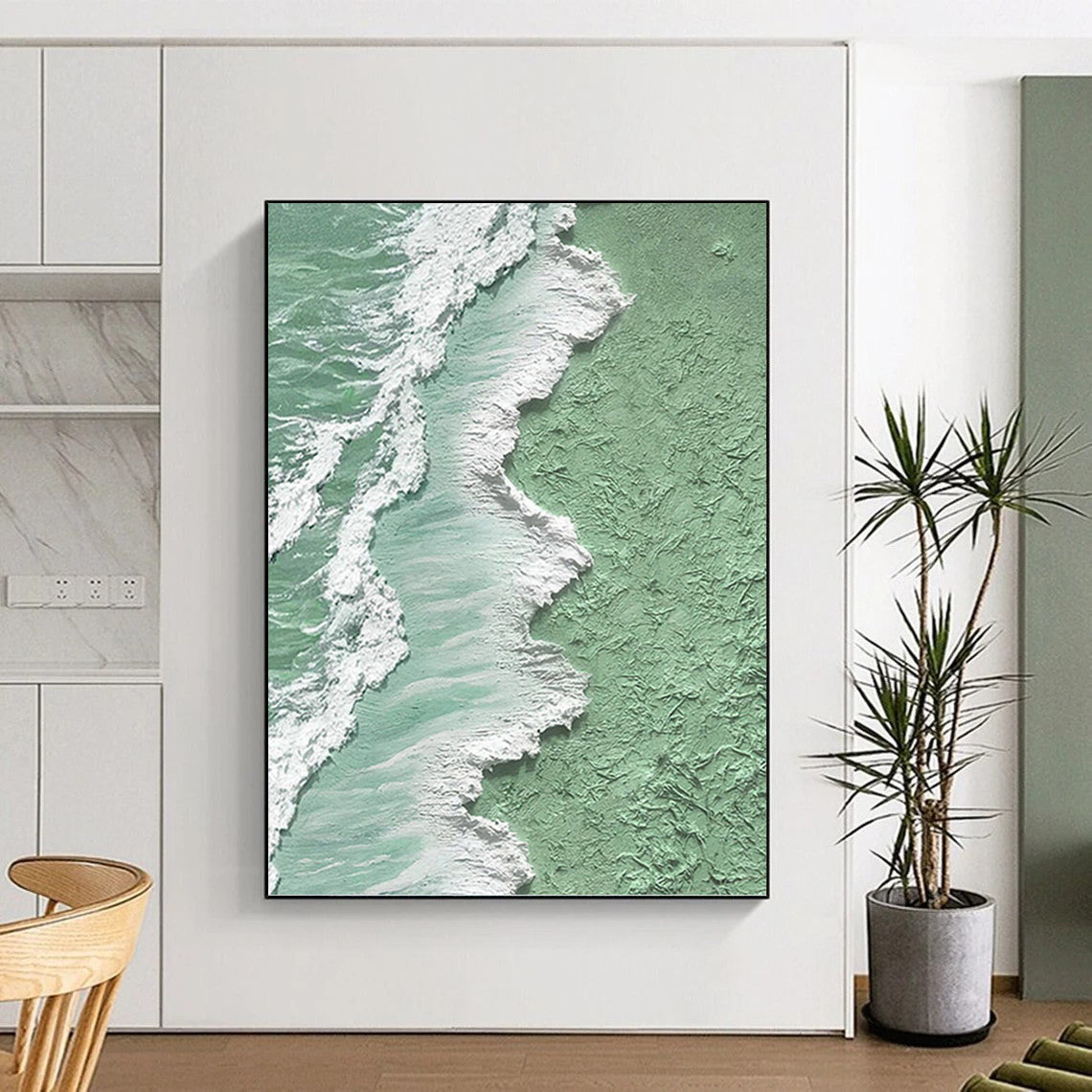 Mint Green, White, and Turquoise Wave Abstract - Abstract Painting On Canvas DKH1505