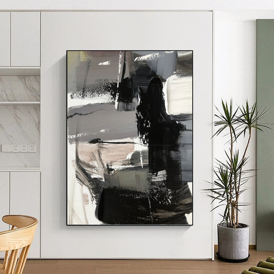 Gray & Black Abstract Forms - Abstract Composition Painting On Canvas DKH1263