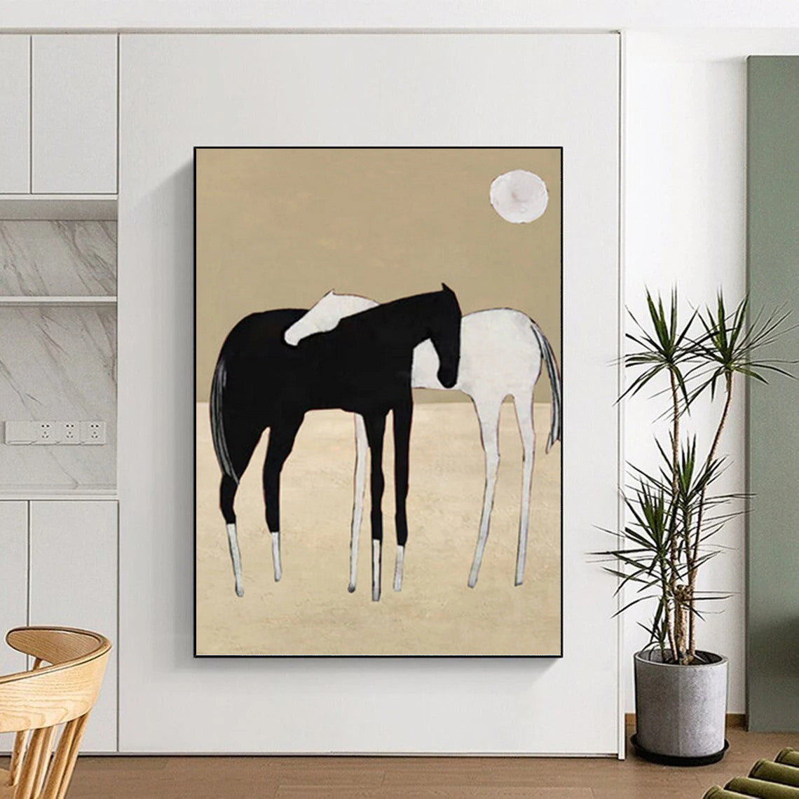 Minimalist Black and White Horses - Abstract Equine Painting On Canvas DKH1410