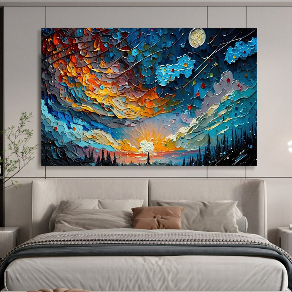 Starry Night Fantasy - Blue & Orange Textured Sky Painting On Canvas DKH878