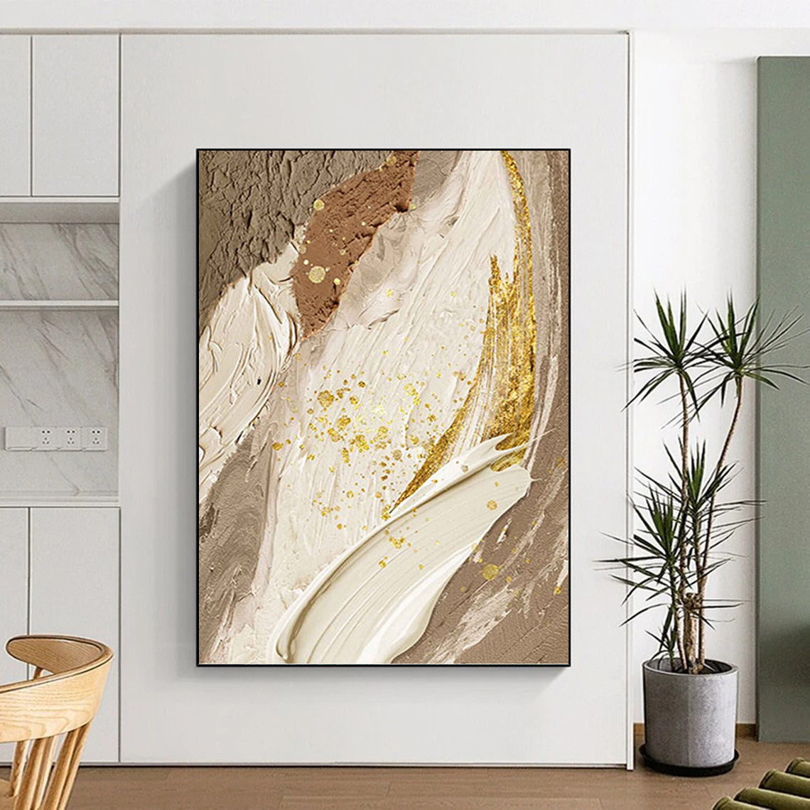 Elegant Beige, White, and Gold Abstract - Abstract Painting On Canvas DKH1477