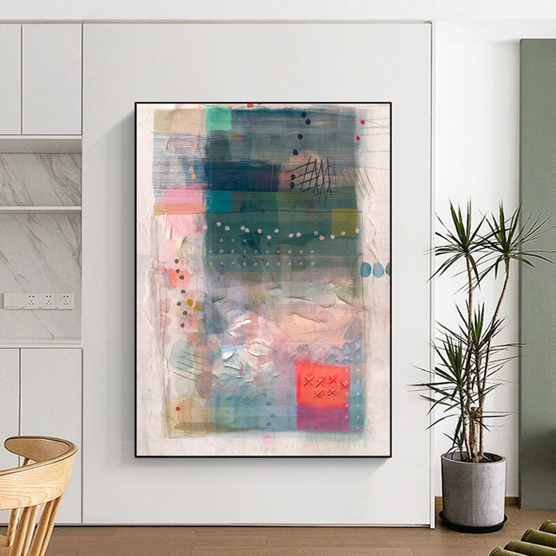 Blue, Pink, Textured Collage - "Coastal Patchwork" - Mixed - media Abstract Art CT1858
