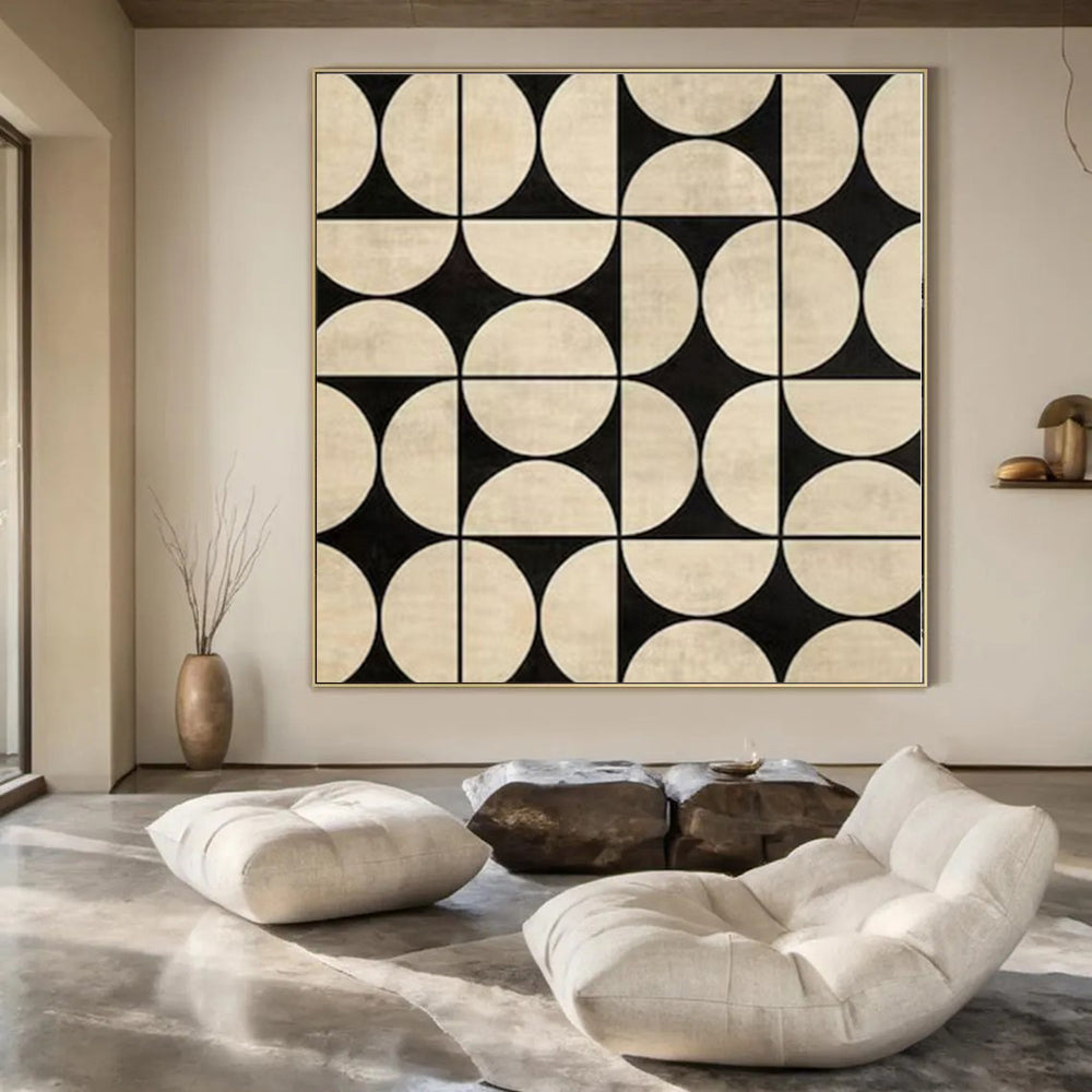 “Symmetrical Black - Beige Circles” – Abstract Geometric Pattern Painting CT1082