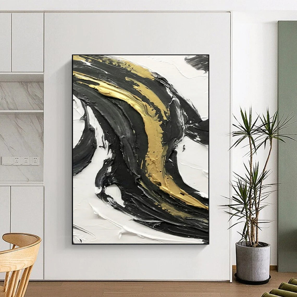 “Black, White, Gold Textured Swirls ‘Luxury Motion’” - Impasto Abstract Painting On Canvas DTP379