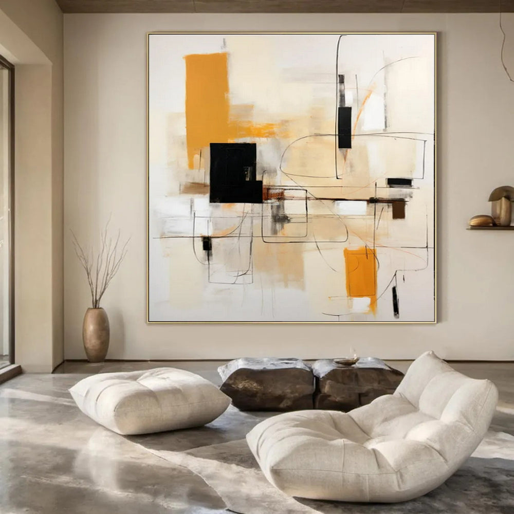 Beige, Orange, Black & White Geometric Abstraction - "Linear Harmony" - Abstract Acrylic Painting CT1461