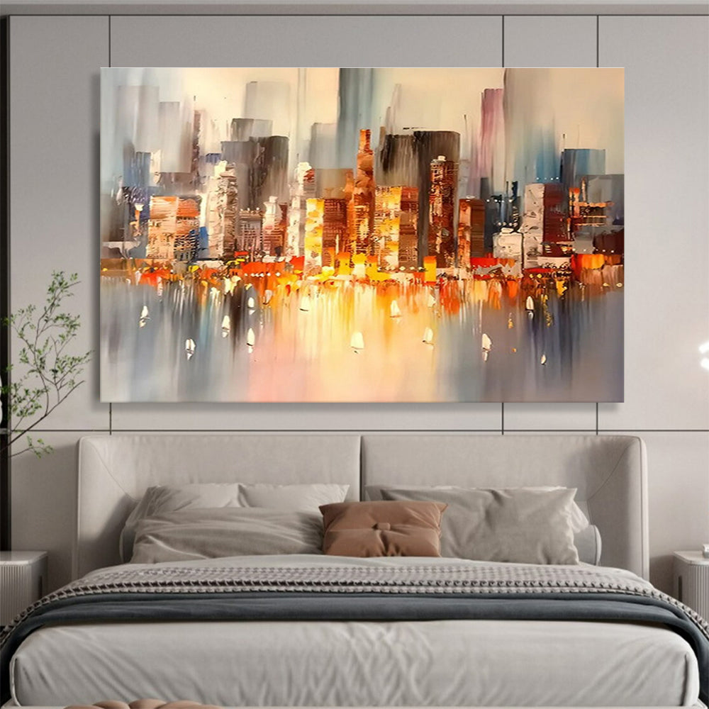 Colorful City Skyline - Gray, Orange & Blue Urban Painting On Canvas DKH899